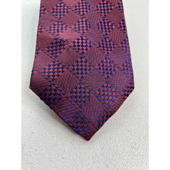 Calvin Klein Blue and Burgundy Geometric Woven Pattern 100% Silk Tie - Picture 2 of 7